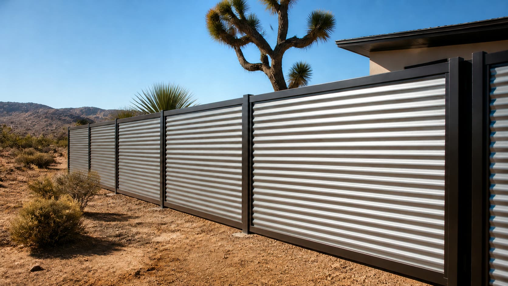 Representative corrugated metal privacy fence with dark posts on a high-desert residential property