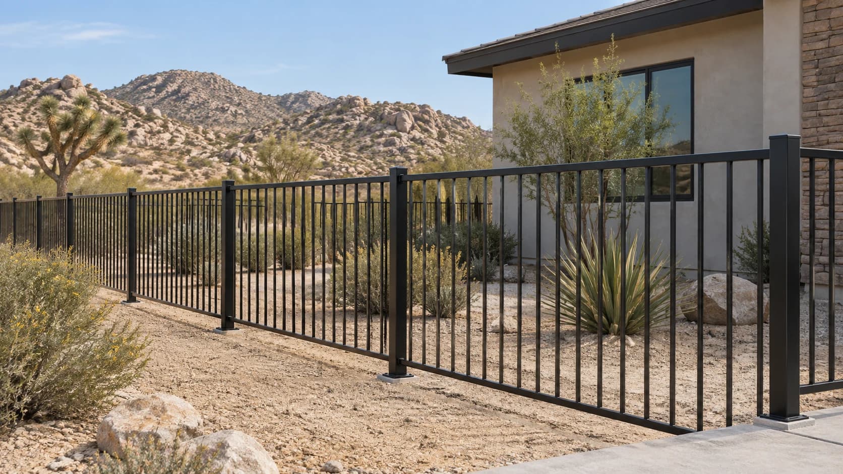 Representative black ornamental metal fence in a desert front yard