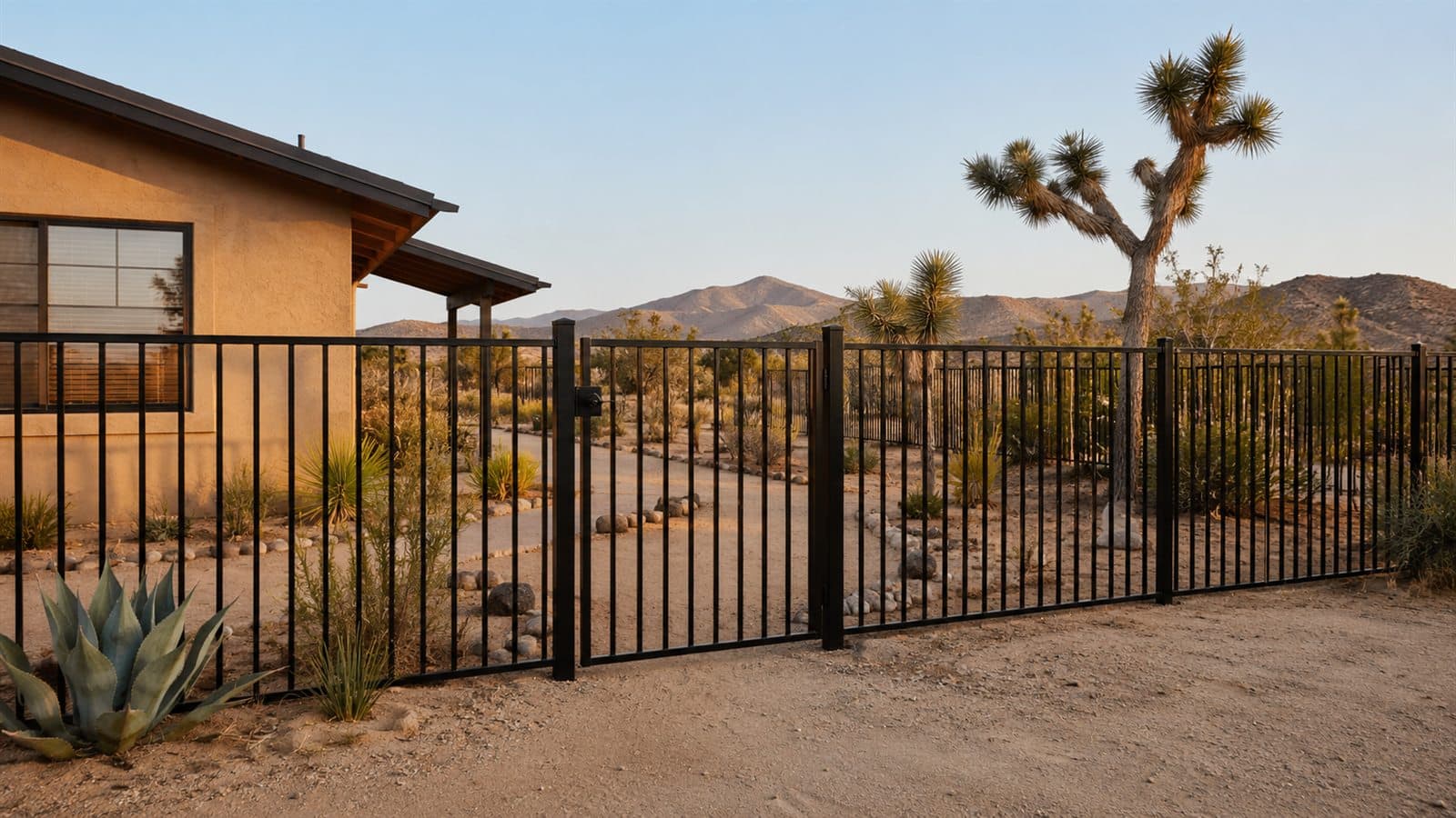 Representative black ornamental metal fence and gate in a desert front yard