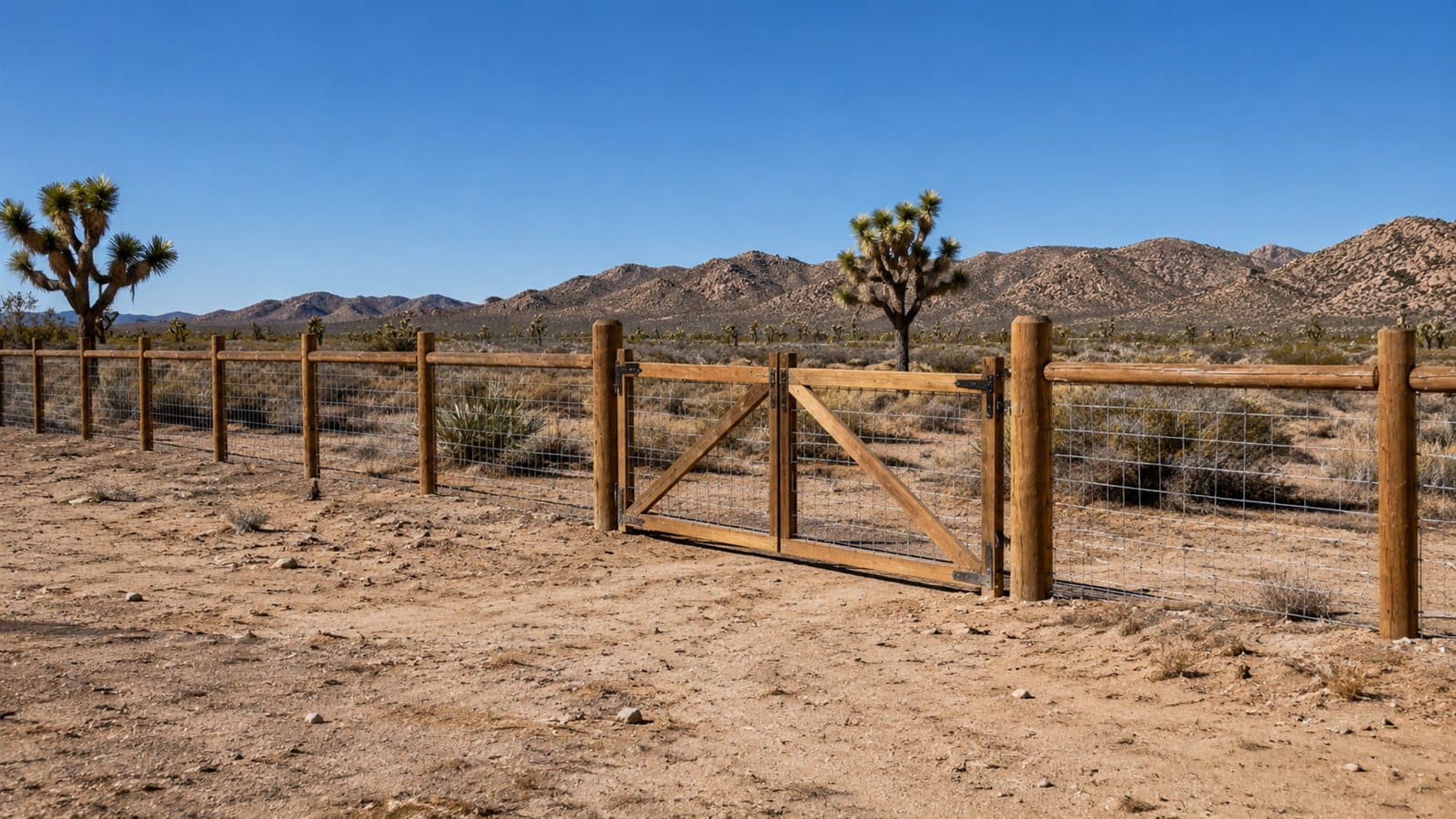 Representative ranch and wire fence with a gate on desert acreage