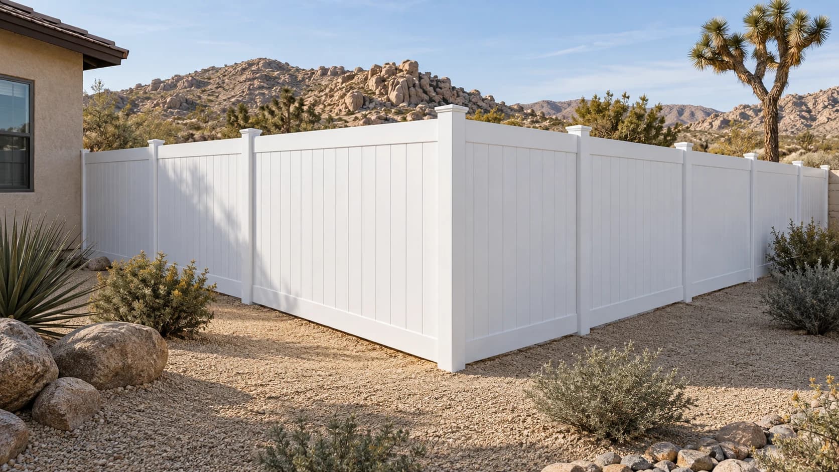 Representative white vinyl privacy fence on a high-desert residential property