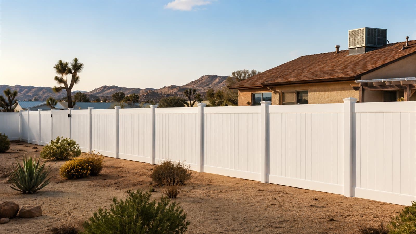 Representative white vinyl privacy fence on a high-desert residential property