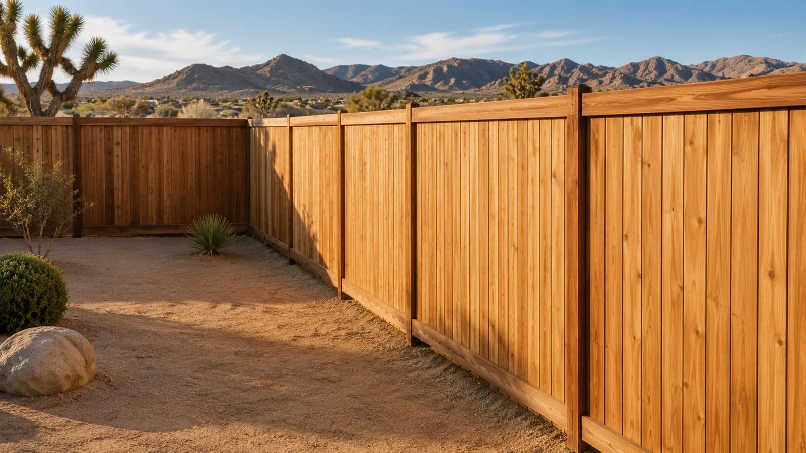 Representative wood privacy fence enclosing a desert backyard